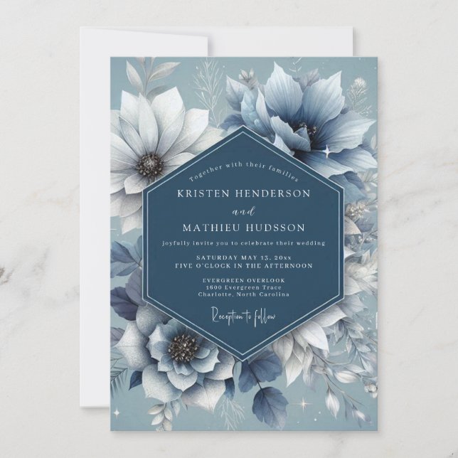 Invitation Mariage Sérénité Bleu Poussiéreux d'Anémone (Devant)