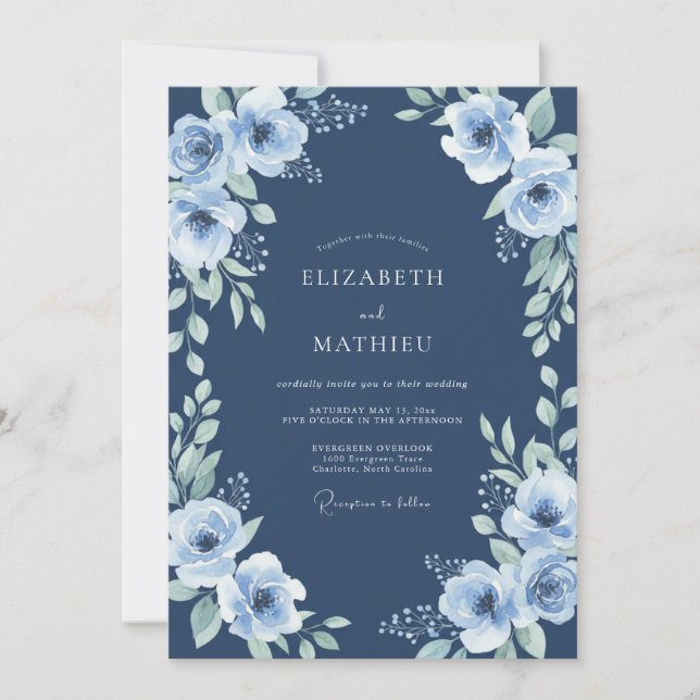 Invitation Mariage Sérénité Floral Bleu Marine (Devant)