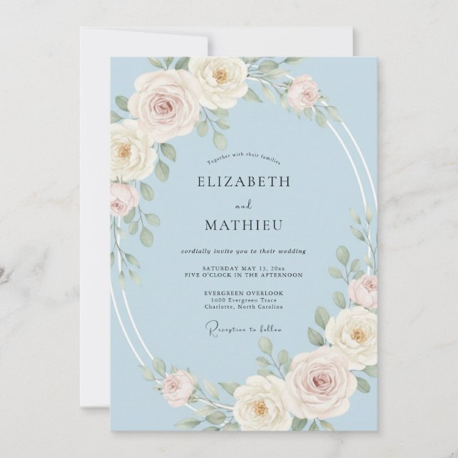 Invitation Mariage Sérénité Rose Bleu Clair (Devant)