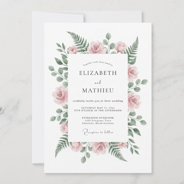 Invitation Mariage Sérénité Rose Fardée Fougère (Devant)