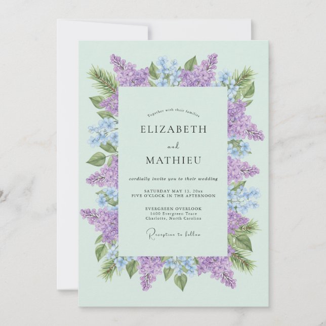 Invitation Mariage Sérénité Vert Menthe Lilas (Devant)