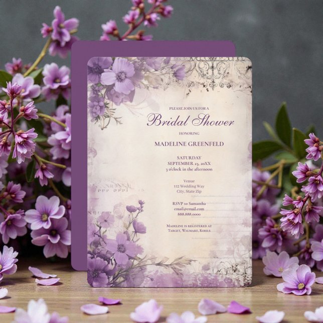 Invitation Mariage Shabby Chic Violet Lavande Floral (Créateur téléchargé)