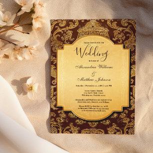 Invitation Mariage shabby vintage marron or floral damas
