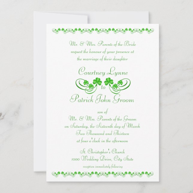 Invitation Mariage Shamrock irlandais (Devant)