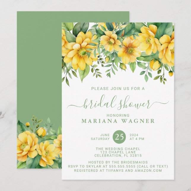 Invitation Mariage Shower Fleurs Jaune Sauge Verte (Devant / Derrière)
