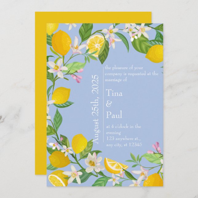 Invitation Mariage sicilien de citron bleu méditerranéen (Devant / Derrière)