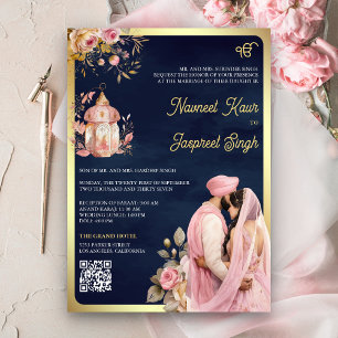 Invitation Mariage Sikh Anand Karaj avec code QR et fleurs ro