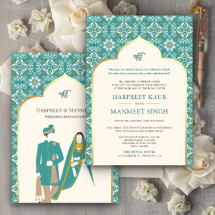 Invitation Mariage Sikh Anand Karaj avec motif sarcelle ivoir