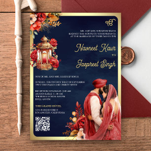 Invitation Mariage Sikh Anand Karaj Code QR Naval Fleurs Roug