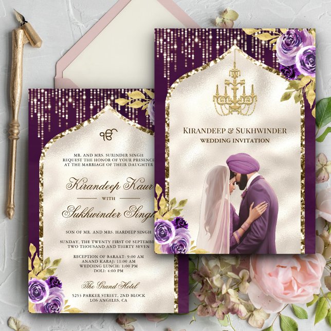 Invitation Mariage Sikh Anand Karaj Fleur Or Pourpre (Créateur téléchargé)