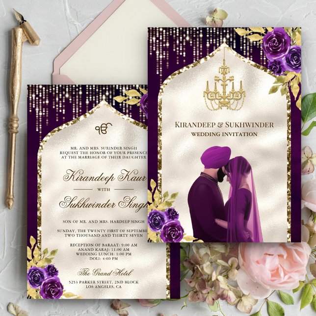 Invitation Mariage Sikh Anand Karaj Fleur Or Violet Foncé (Créateur téléchargé)