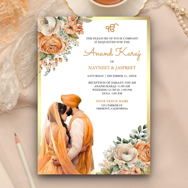 Invitation Mariage Sikh Anand Karaj Fleurs d'Ivoire Orange (Créateur téléchargé)