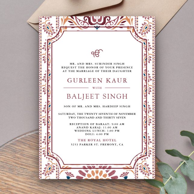 Invitation Mariage sikh Anand Karaj Ikat blanc rose (Créateur téléchargé)