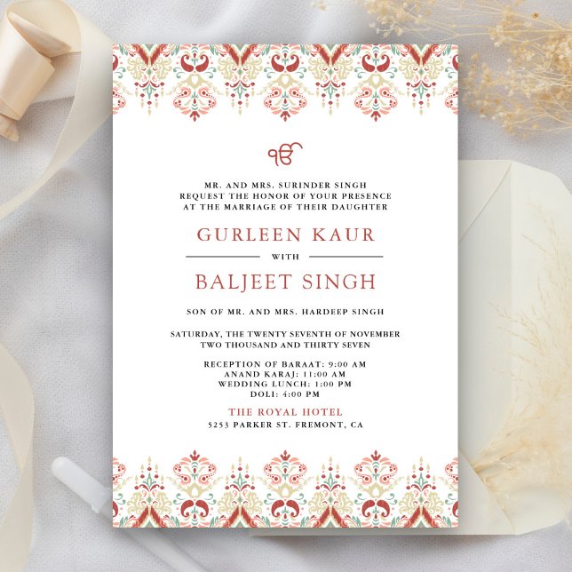 Invitation Mariage sikh Anand Karaj Ikat blanc rouge (Créateur téléchargé)