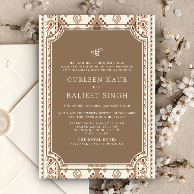 Invitation Mariage sikh Anand Karaj Ikat crème beige (Créateur téléchargé)
