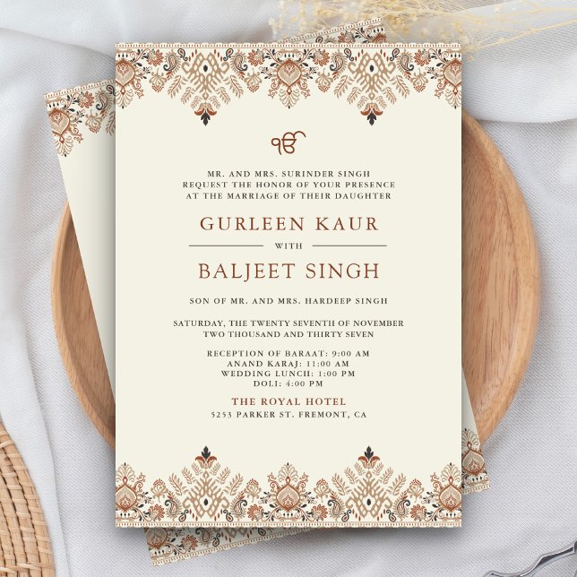 Invitation Mariage sikh Anand Karaj Ikat crème marron (Créateur téléchargé)