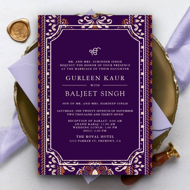 Invitation Mariage Sikh Anand Karaj Ikat Violet foncé Jaune (Créateur téléchargé)