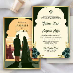 Invitation Mariage Sikh Anand Karaj Indien Ethnique Vert Fonc