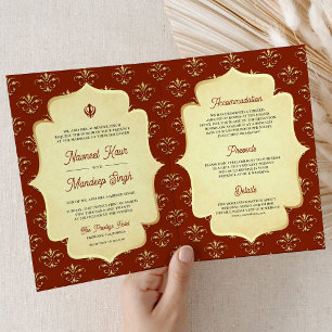 Invitation Mariage Sikh Anand Karaj Orné Or Doré Orange