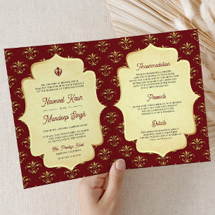 Invitation Mariage Sikh Anand Karaj Orné Or Rouge Vintage