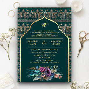 Invitation Mariage Sikh Anand Karaj Paon Turquoise et Or