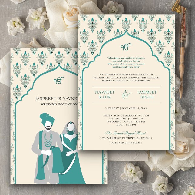 Invitation Mariage sikh Anand Karaj pendu teinté de vert sarc (Créateur téléchargé)