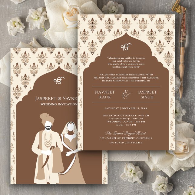 Invitation Mariage Sikh Anand Karaj Punjabi Crème Marron (Créateur téléchargé)