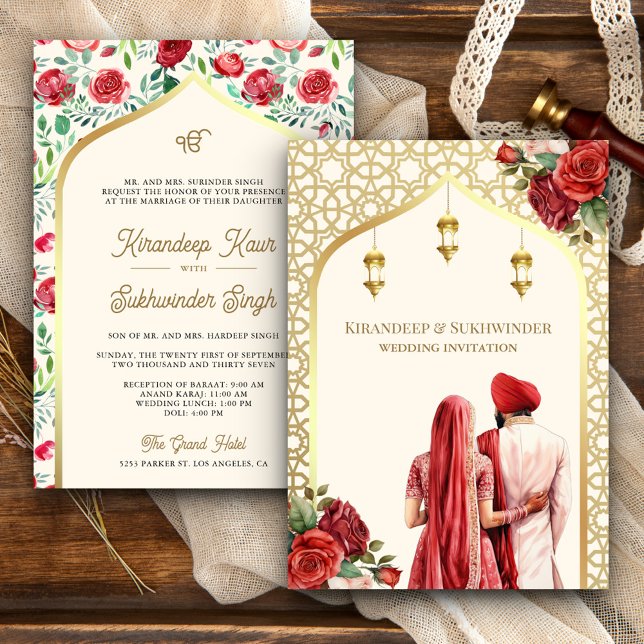Invitation Mariage Sikh Anand Karaj Roses Rouges Or Crème (Créateur téléchargé)