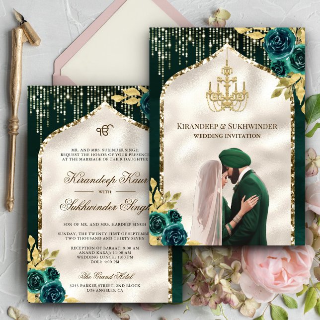 Invitation Mariage Sikh Anand Karaj vert émeraude or floral (Créateur téléchargé)