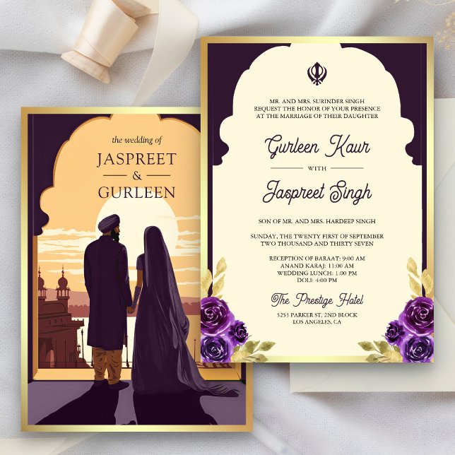 Invitation Mariage Sikh Anand Karaj violet foncé ethnique ind (Créateur téléchargé)