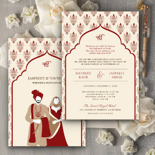 Invitation Mariage Sikh Cream Red Punjabi Anand Karaj