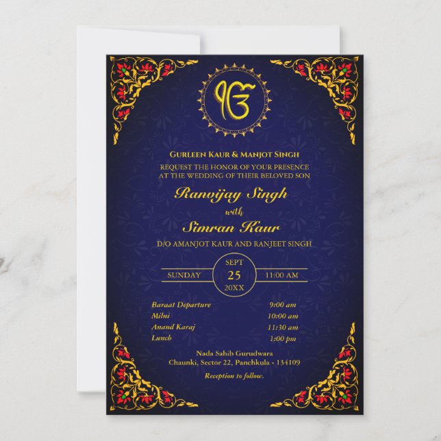 Invitation Mariage sikh du Punjabi Anand Karaj Golden (Devant)