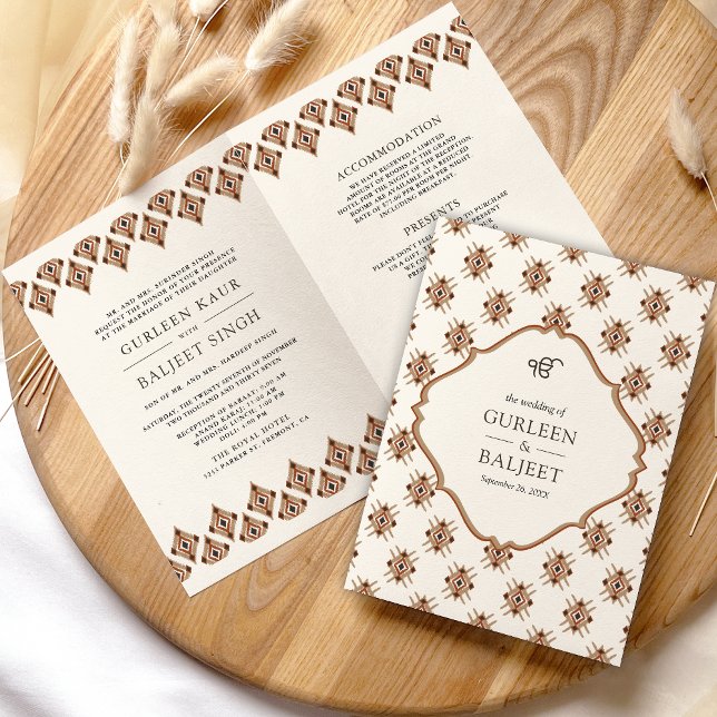Invitation Mariage Sikh en Ikat Crème Marron en une seule piè (Créateur téléchargé)