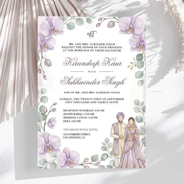 Invitation Mariage Sikh Fleur d'Orchidée Lavande Aquarelle (Créateur téléchargé)