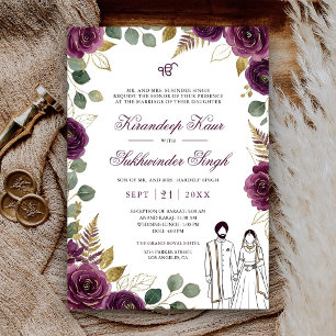 Invitation Mariage Sikh Fleurs de Roses Aquarelle Violet Deep