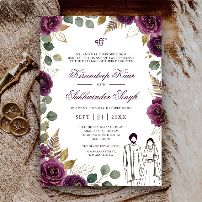 Invitation Mariage Sikh Fleurs de Roses Aquarelle Violet Deep (Créateur téléchargé)