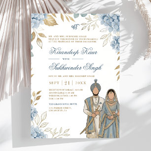 Invitation Mariage Sikh Floral Aquarelle Hydrangea Bleue