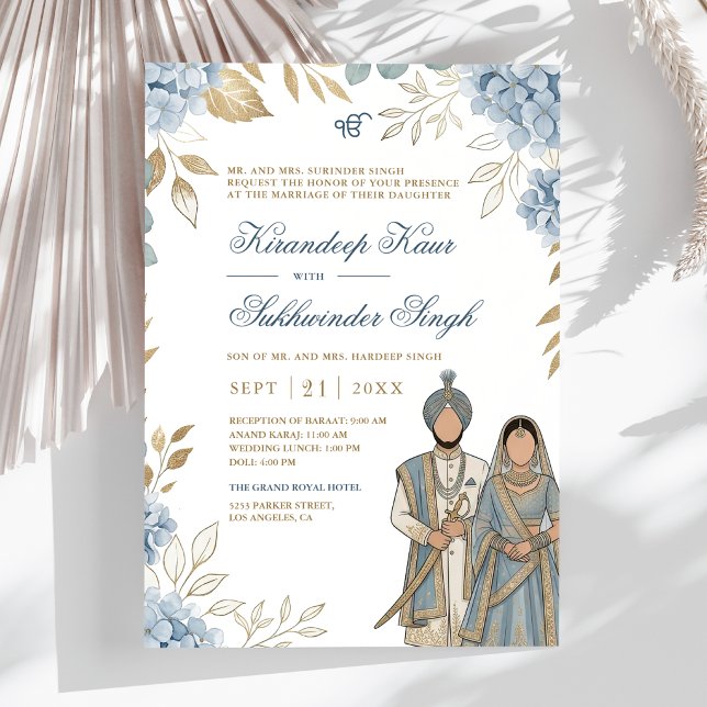 Invitation Mariage Sikh Floral Aquarelle Hydrangea Bleue (Créateur téléchargé)