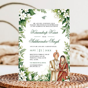 Invitation Mariage sikh floral jasmin blanc feuillage vert