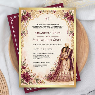 Invitation Mariage Sikh floral pourpre prune Paisley or