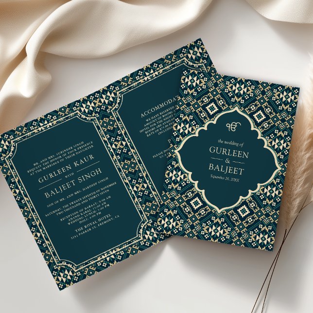 Invitation Mariage Sikh Géométrique Beige Sarcelle Foncé Tout (Créateur téléchargé)