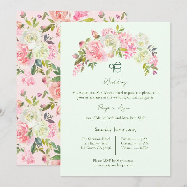 Invitation Mariage Sikh Ik Onkar vert Sage et rose Floral (Devant / Derrière)
