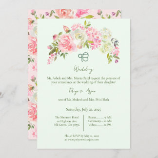 Invitation Mariage Sikh Ik Onkar vert Sage et rose Floral
