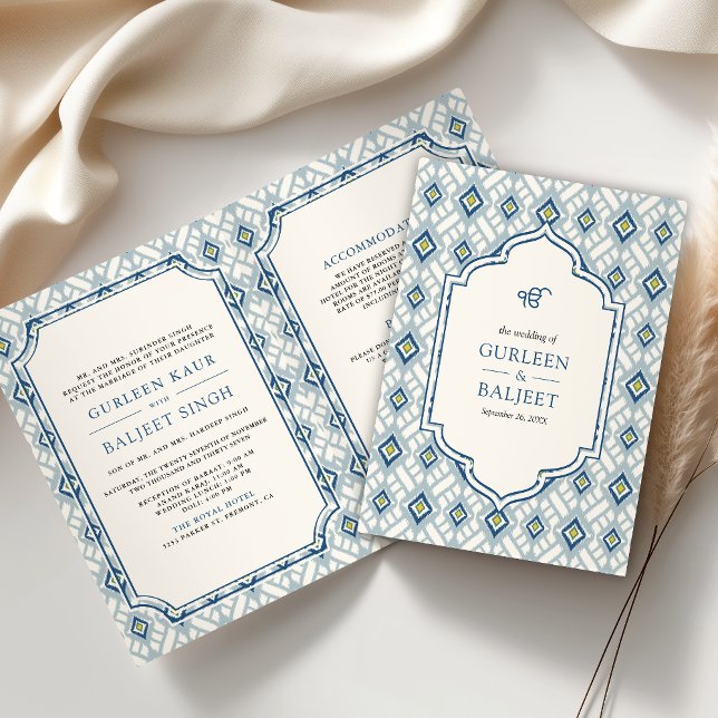 Invitation Mariage Sikh Ikat Crème Bleu Tout en Un (Créateur téléchargé)