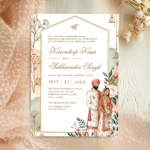 Invitation Mariage Sikh Moderne à Fleurs de Pêche avec Arche