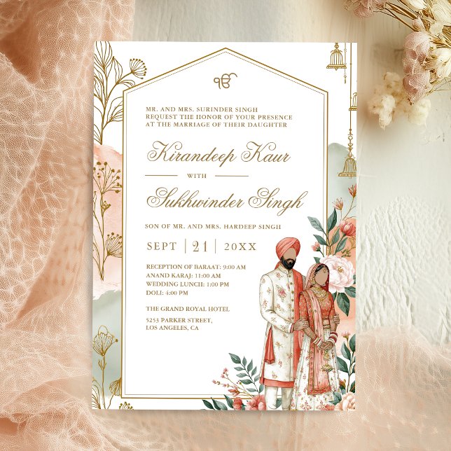Invitation Mariage Sikh Moderne à Fleurs de Pêche avec Arche  (Créateur téléchargé)