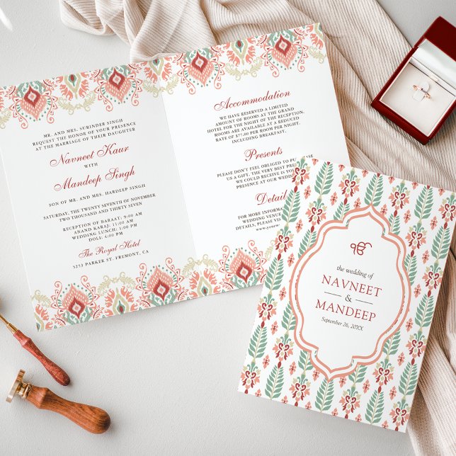 Invitation Mariage Sikh Orange Vert Motif Tout-en-un (Créateur téléchargé)