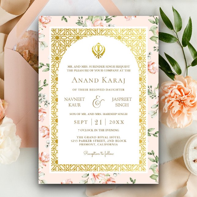 Invitation Mariage sikh punjabi Anand Karaj aux fleurs de pêc (Créateur téléchargé)