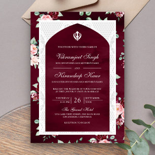 Invitation Mariage Sikh Punjabi Anand Karaj Floral Bourgogne