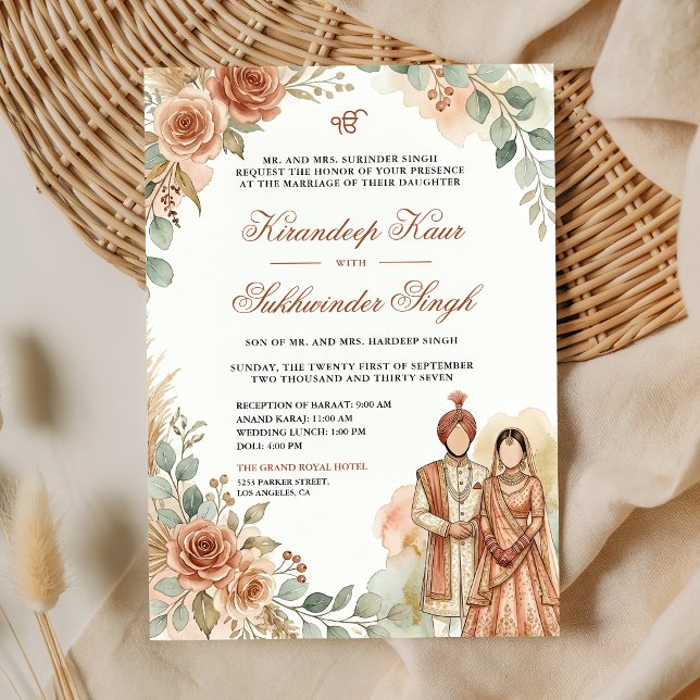 Invitation Mariage Sikh Roses Aquarelle Fleur Orange Pêche (Créateur téléchargé)